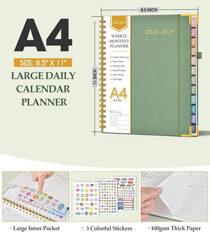 2026 Planner, Weekly and Monthly Calendar Planner from January 2026 - December 2026, 8.5" x 11" Hardcover Leather Hourly Appointment Book with Tabs, Spiral Daily Planners for School Work Home, Green