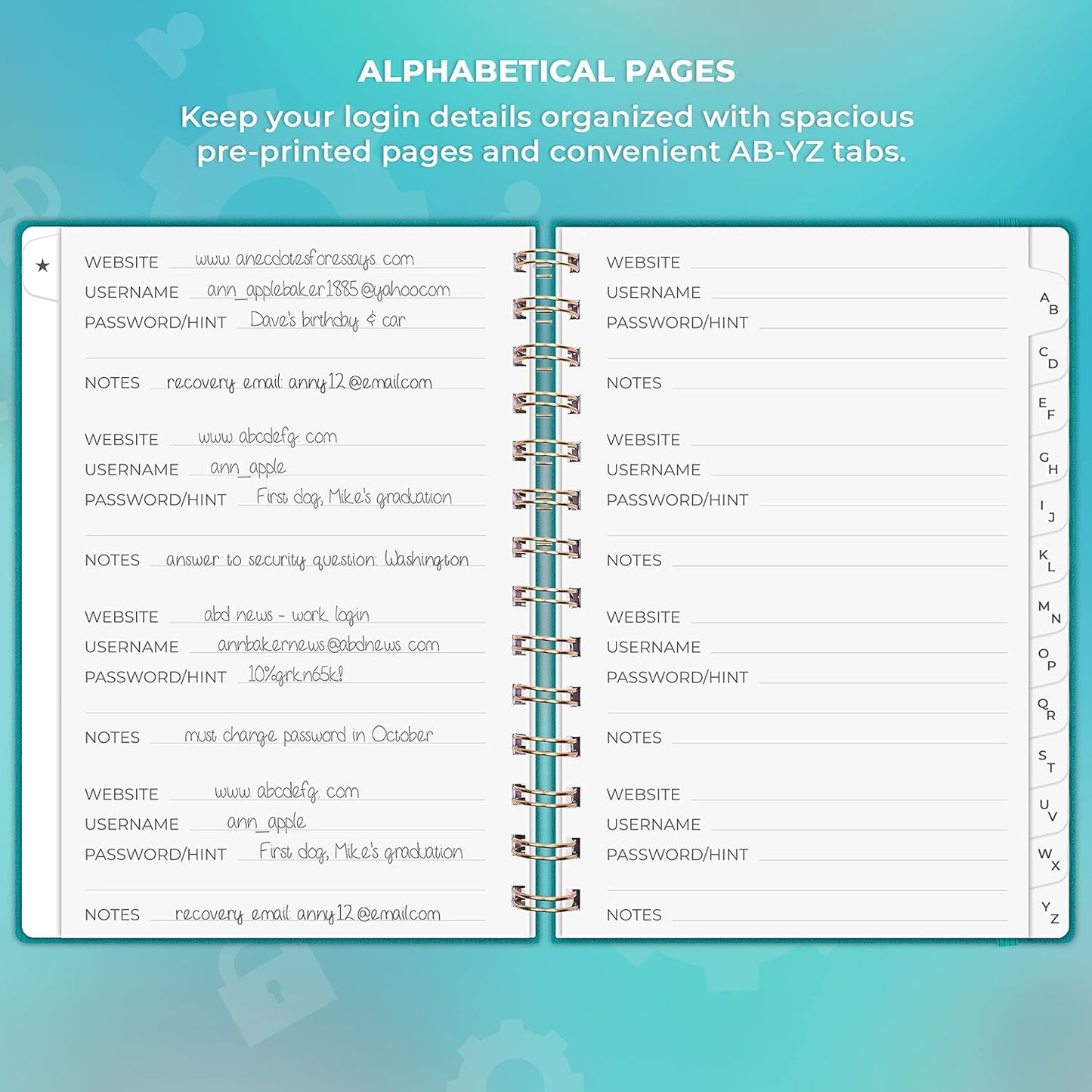Clever Fox Password Book Spiral – Internet Address & Password Organizer with Laminated Alphabetical Tabs – Password Keeper Journal – Hardcover, Medium Size, 6.1x7.7” (Mystic Blue)