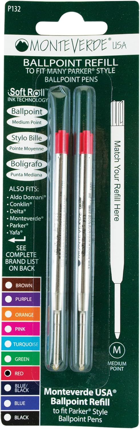 Monteverde Soft Roll Ballpoint Pen Refills to Fit Parker-Style Pens, Medium Point, Brown, 2-Pack, Smooth Writing Technology for Parker, Conklin, Schmidt, and More