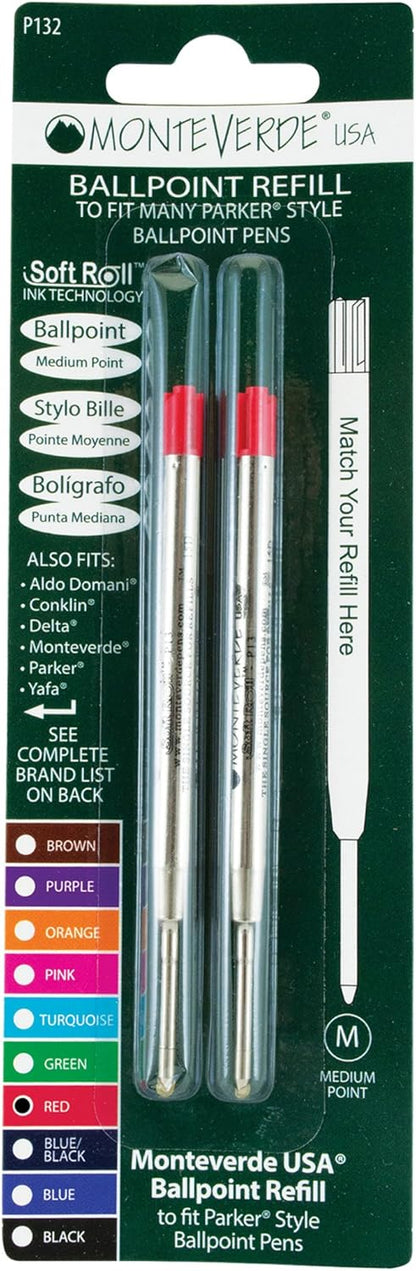 Monteverde Soft Roll Ballpoint Pen Refills to Fit Parker-Style Pens, Medium Point, Brown, 2-Pack, Smooth Writing Technology for Parker, Conklin, Schmidt, and More