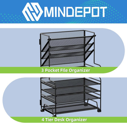 MINDEPOT 4-Tier Paper Organizer + 3-Pocket File Holder + Drawer + Pen Holders, Desktop File Organizers Paper Tray for Office Supplies School Classroom Organization (Black, No Drawer & Pen Holder)