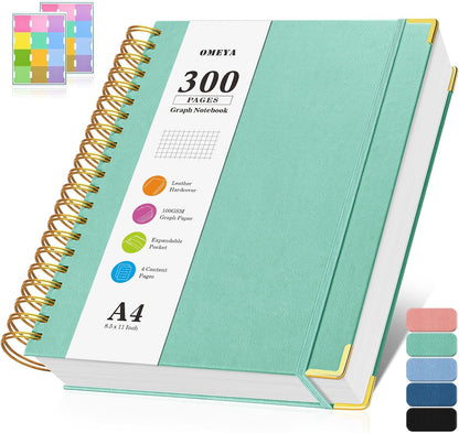 Graph Paper Notebook, Spiral Grid Notebook 8.5" X 11", Hardcover Leather Journal 300 Pages, 100GSM Thick Grid Paper Notebook, Large A5 Graphing Notebook Journal for Women Men Writing Engineering Work