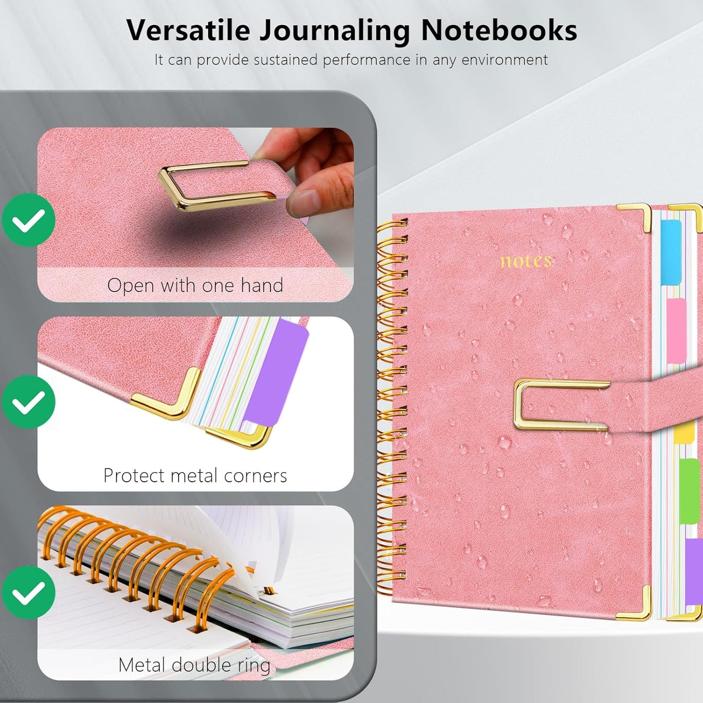 Hardcover Spiral Notebook College Ruled, 8"x10" Leather Journal Notebook with Magnetic Closure, 300 Pages 5 Subject Notebook with Dividers Tabs Journal for Women Men, Work, School(Rose Red)