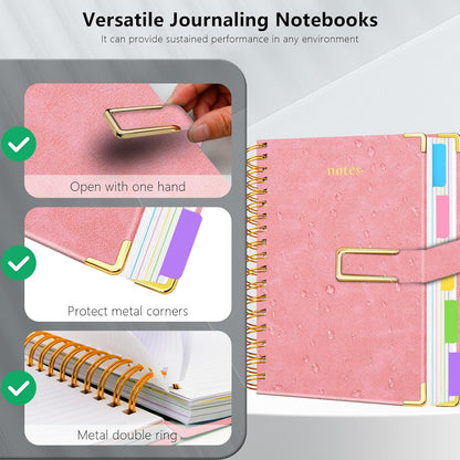 Hardcover Spiral Notebook College Ruled, 8"x10" Leather Journal Notebook with Magnetic Closure, 300 Pages 5 Subject Notebook with Dividers Tabs Journal for Women Men, Work, School(Rose Red)