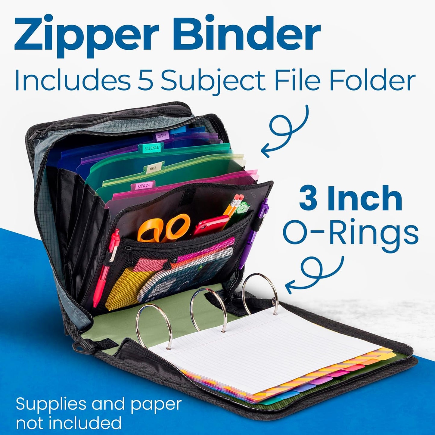 Case-it Mighty Zip Tab School Zipper Binder | 3-Inch O-Rings, 600-Sheet Capacity, 5-Subject Expanding File Folder, Multiple Pockets & Storage Organizer, Shoulder Strap | D-146 Jet Black