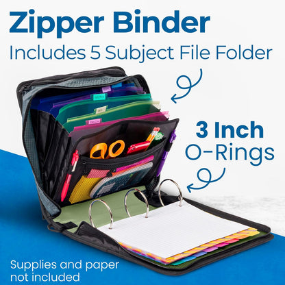 Case-it Mighty Zip Tab School Zipper Binder | 3-Inch O-Rings, 600-Sheet Capacity, 5-Subject Expanding File Folder, Multiple Pockets & Storage Organizer, Shoulder Strap | D-146 Jet Black