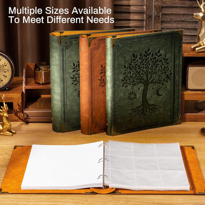 Ovesmusl Leather 3 Ring Binder Fits 8.5"x11" Letter Size Paper, 1 Inch Round Ring Binder Holds 200 Sheets, Notebook Cover Loose Leaf Organizer, Green Tree