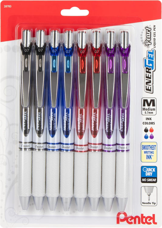 Pentel EnerGel Pearl Retractable Liquid Gel Pen, Needle Tip, 0.7mm, Medium Line, Assorted Ink, 8-Pk (BLN77WBP8M)