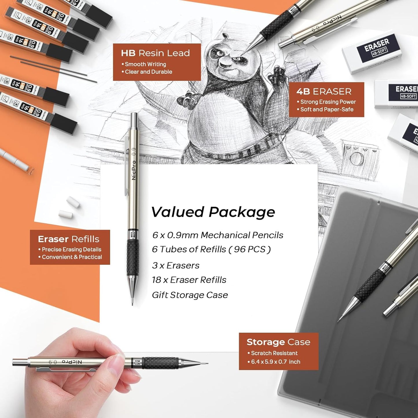 Nicpro 0.7 mm Art Mechanical Pencil Set in Storage Case, 3 PCS Metal Drafting Pencil Lead Pencil with 6 Tube HB Lead Refills, 3 Erasers, 9 PCS Eraser Refills for Artist Writing, Drawing, Sketching