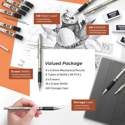 Nicpro 0.7 mm Art Mechanical Pencil Set in Storage Case, 3 PCS Metal Drafting Pencil Lead Pencil with 6 Tube HB Lead Refills, 3 Erasers, 9 PCS Eraser Refills for Artist Writing, Drawing, Sketching