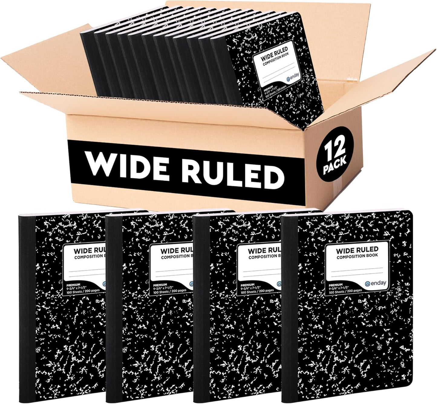 Emraw Marble Composition Notebook Wide Ruled Black and White Composition Books 100 Sheets (4 Pack) - By Enday