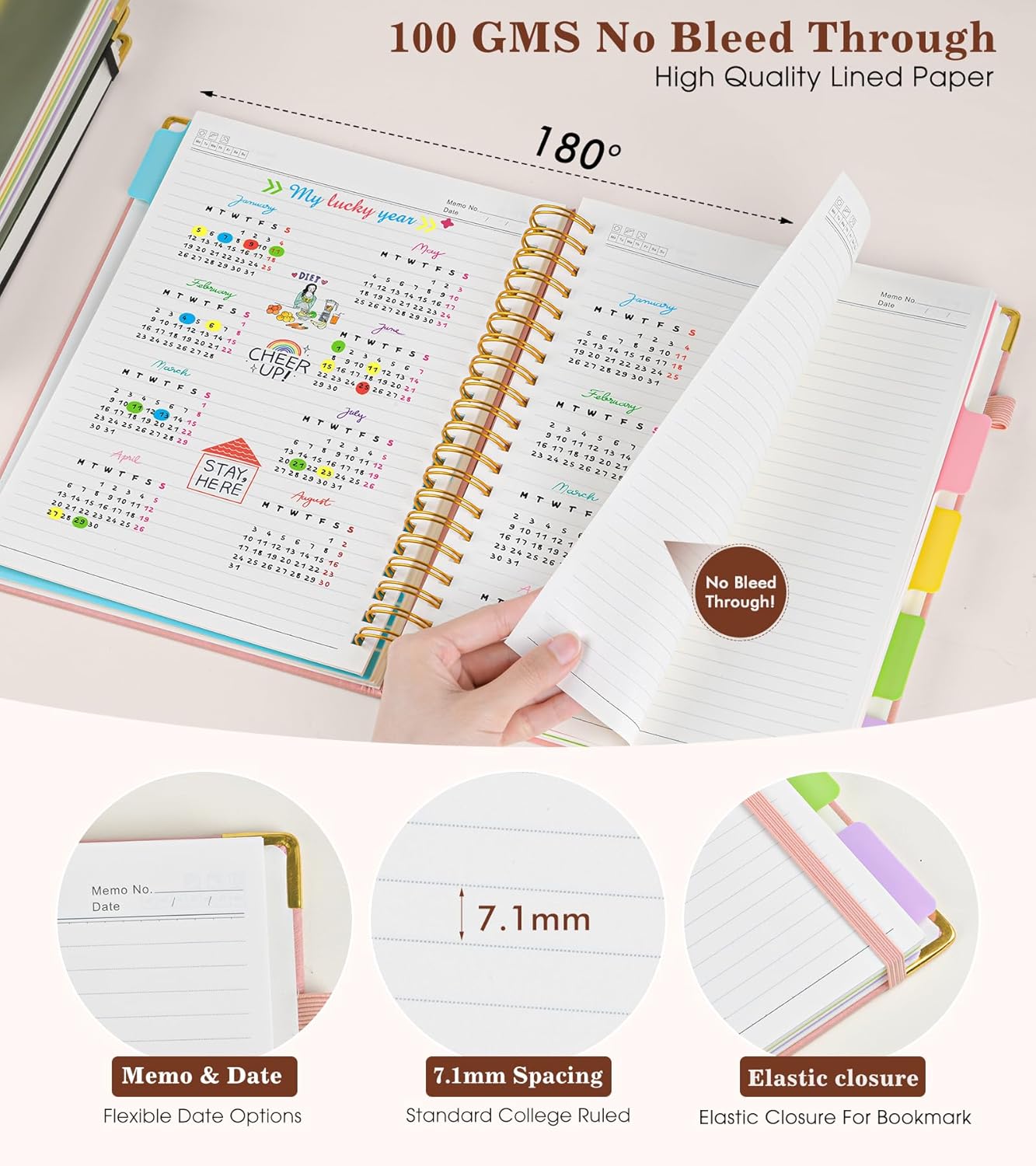 Hardcover Large Spiral Notebook 8.5" x 11" with Removable Dividers Tabs, 300 pages Leather 5 Subject Notebook College Ruled, A4 Journal for Women Men, Notebooks for Work School Note taking,Black