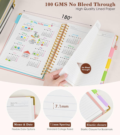 Hardcover Large Spiral Notebook 8.5" x 11" with Removable Dividers Tabs, 300 pages Leather 5 Subject Notebook College Ruled, A4 Journal for Women Men, Notebooks for Work School Note taking,Black