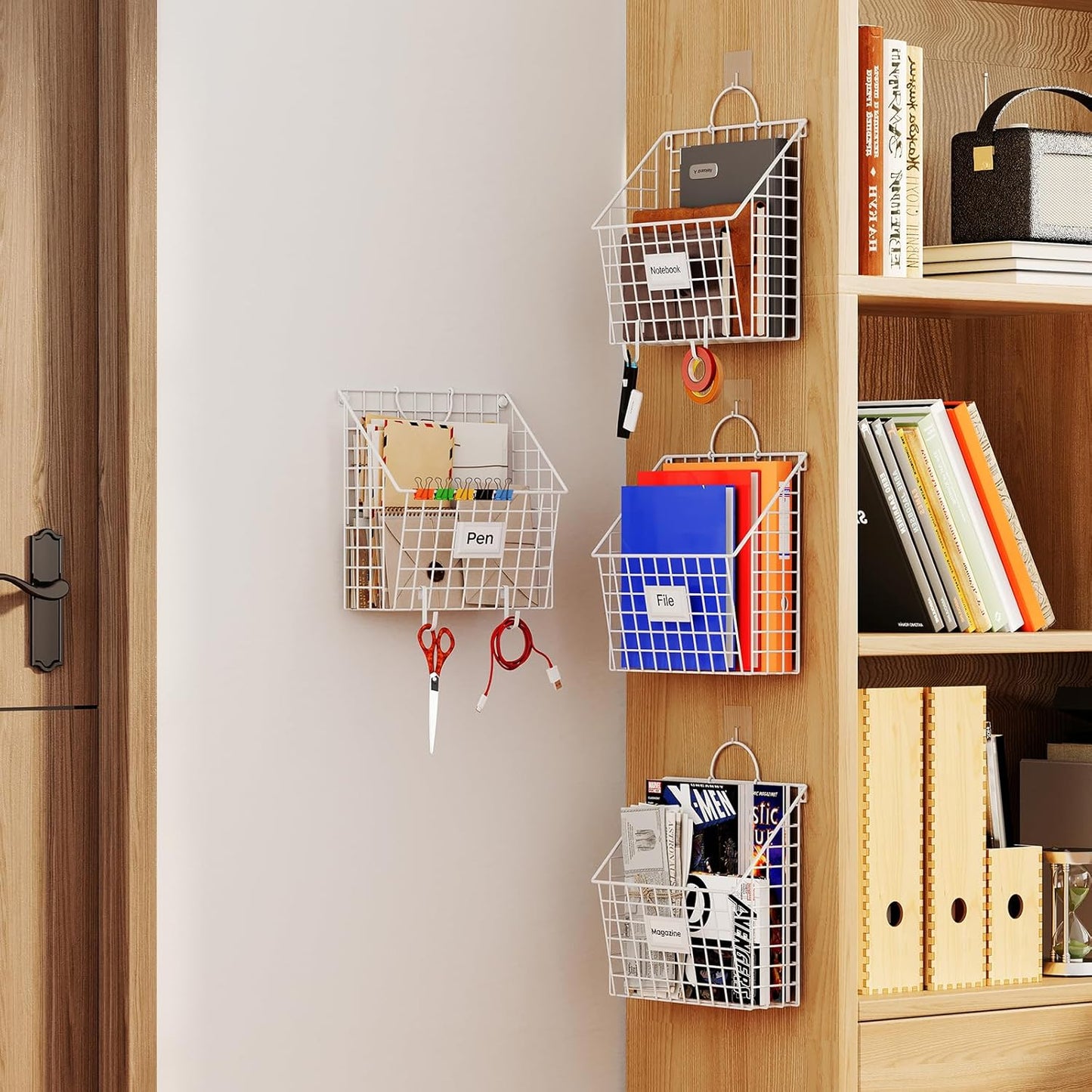 Yuzehuaza Hanging Wall File Organizer Metal Wall Mounted File Holder Folder with Handles and Hooks, Magazine Document Rack, for Home Office or Decor, 3 Packs (Patent Pending)
