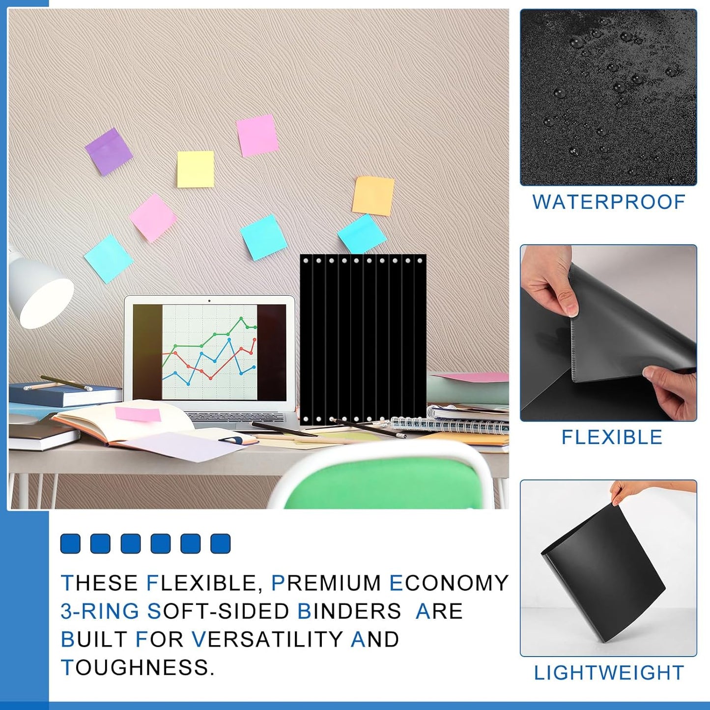 Fulmoon 12 Pcs Economy View 3 Ring Plastic Binder 12.2 x 9.8 Inch Plastic Round Ring Binders with Pockets Notebinder for Meetings for Home, Office, School(White, 1/2 Inch)