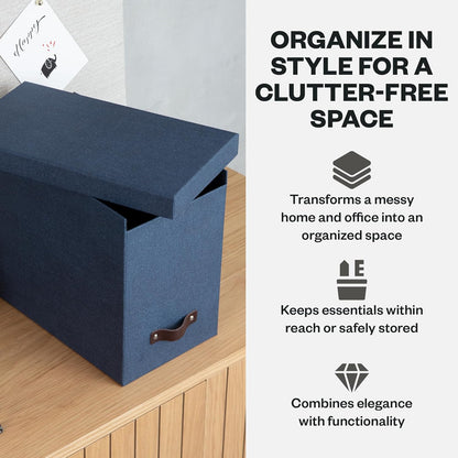 Bigso John Desktop File Box - Storage Solution and Document Organizer for Important Paperwork - Durable Hanging File Box with a Lid and Leather Handle - 7.36 in x 13.26 in x 10.51 in - Grey