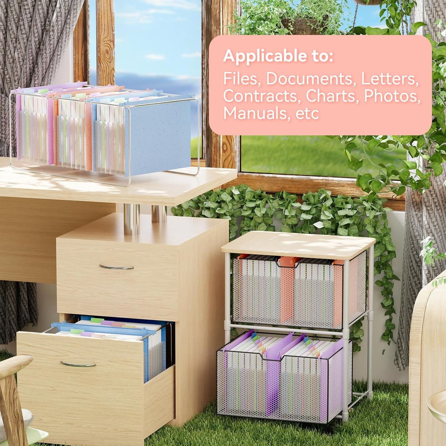 ANSOOK Hanging File Folders Letter Size,7 Pockets Expandable Accordion File Folder Organizer,3 Pack Extra Capacity File Folders Hanging with Tabs,Wheat Straw File Cabniet Folders for Office School