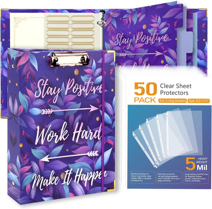 3 Ring Binder with Clipboard, 2 Pockets Purple 3 Ring Binder (11" x 8.6") Folders with Tab Dividers for Women School Office Supplies Portfolio