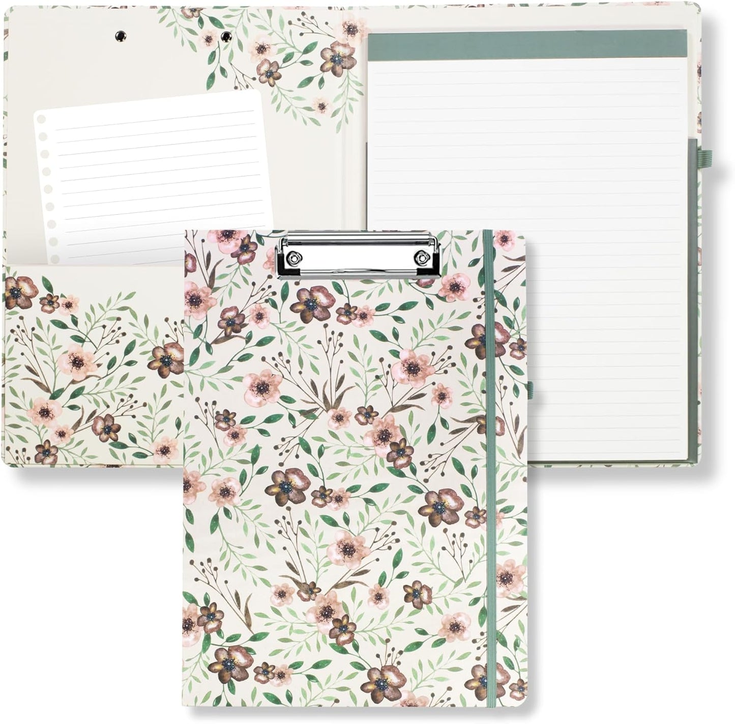Steel Mill & Co Cute Clipboard Folio with Refillable Lined Notepad and Interior Storage Pocket, Floral Padfolio for Work, Garden Blooms Cream