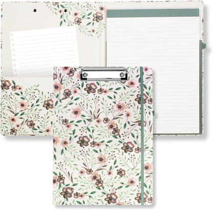 Steel Mill & Co Cute Clipboard Folio with Refillable Lined Notepad and Interior Storage Pocket, Floral Padfolio for Work, Garden Blooms Cream