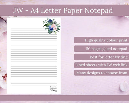 JW Letter Writing A4 Pad Stationery Paper Lined Gift Notepad Writing Sheets (Pink Rose)
