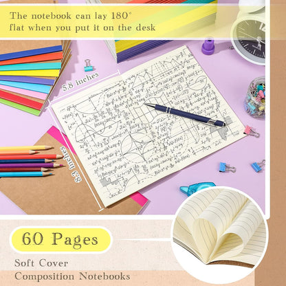 Handepo 100 Pack A5 Composition Notebooks 72 Pages/36 Sheets Ruled Lined Composition Kraft Notebooks Bulk Soft Cover Journals Travel Memo for Students Classroom Office Supplies(a5, Colourful)