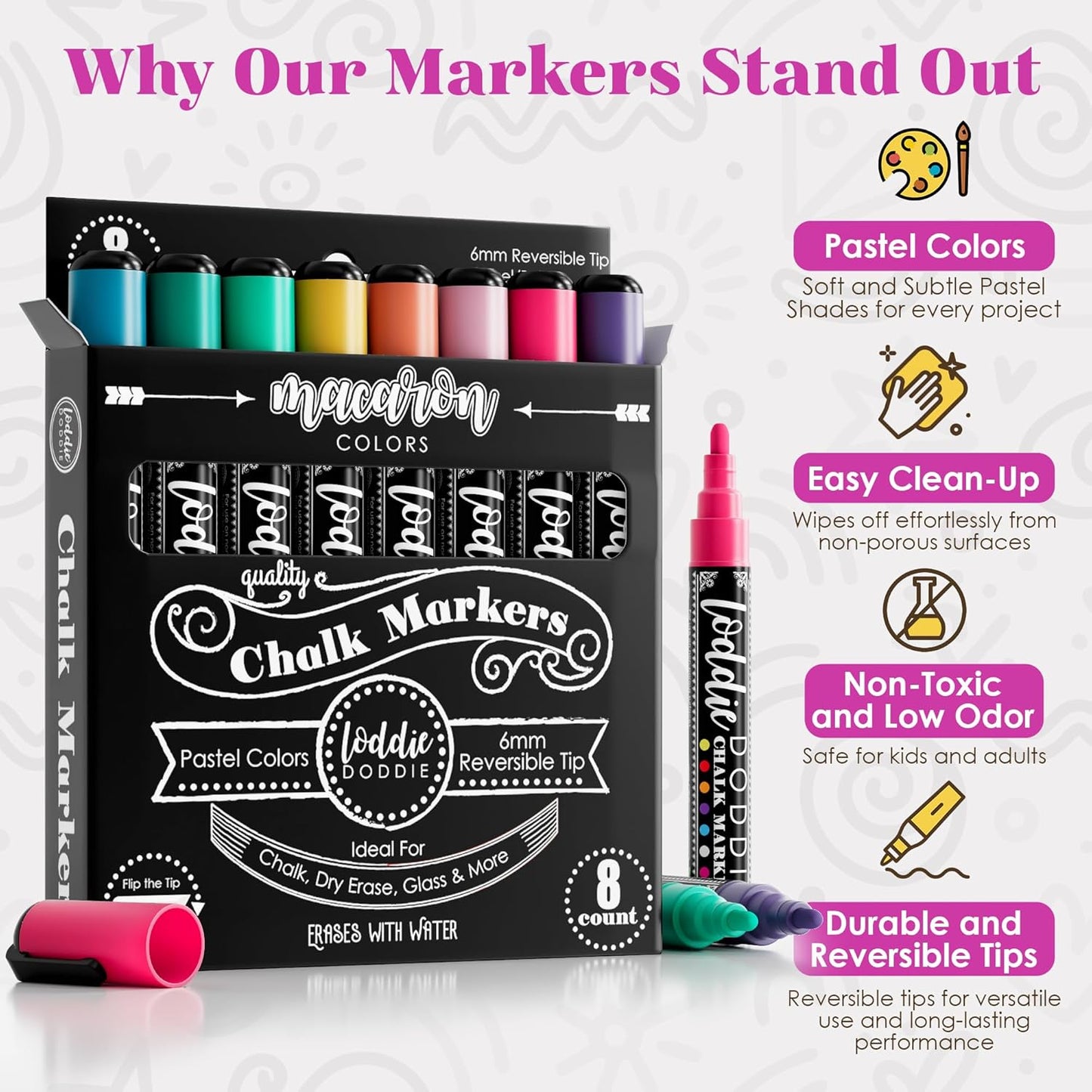 Loddie Doddie Liquid Chalk Markers - 8-Pack, 6mm Dual Tips - Chalk Markers for Blackboard & Chalkboard Paint - Washable Window Pens for Glass - Erasable Pens