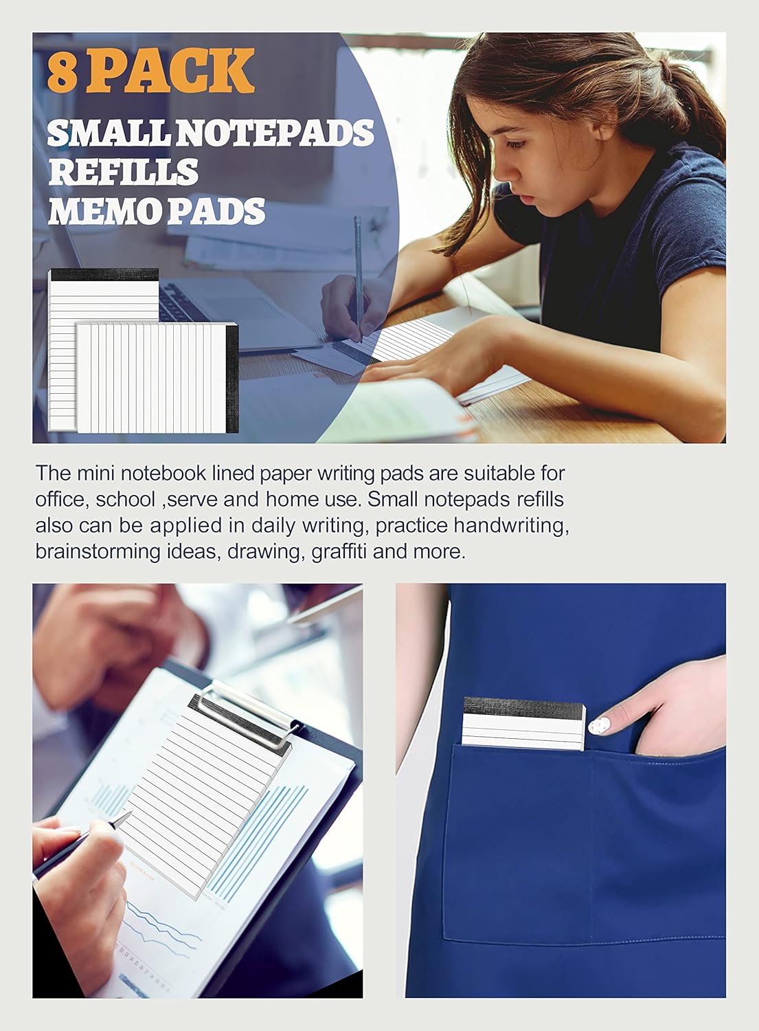 Notepad 4x6 Notepads 8 Pack Lined Note Pads 4x6 Paper Pads Memo Pads 4x6 Scratch Pads 4x6 Server Note Pads Ruled Pages Pocket Notebook Small Writing Pads for Daily Planning School Office 30 Sheets/Pad