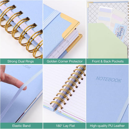 College Ruled Notebook, Spiral Notebook, Leather Hardcover Notebook Journal for Women Men, 5 Subject Notebook with Dividers, Journaling Notebooks for Work School, B5 Lined Notebook, 8" x 10", Teal