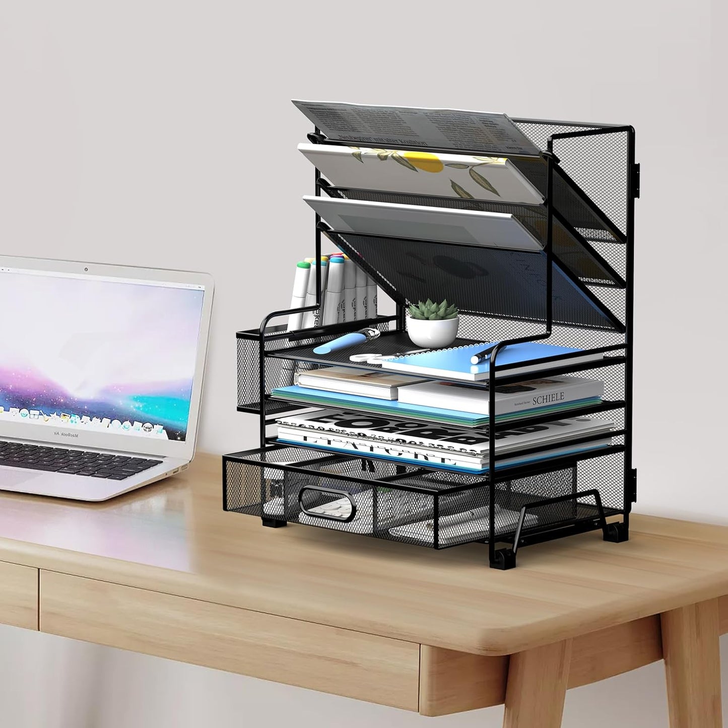 MINDEPOT 4-Tier Paper Organizer + 3-Pocket File Holder + Drawer + Pen Holders, Desktop File Organizers Paper Tray for Office Supplies School Classroom Organization (Black, No Drawer & Pen Holder)