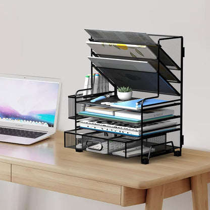 MINDEPOT 4-Tier Paper Organizer + 3-Pocket File Holder + Drawer + Pen Holders, Desktop File Organizers Paper Tray for Office Supplies School Classroom Organization (Black, No Drawer & Pen Holder)