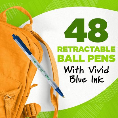 BIC Ecolutions Clic Stic Blue Ballpoint Pens, Medium Point (1.0mm), 48-Count Pack, Retractable Ball Point Pens Made from 78% Recycled Plastic