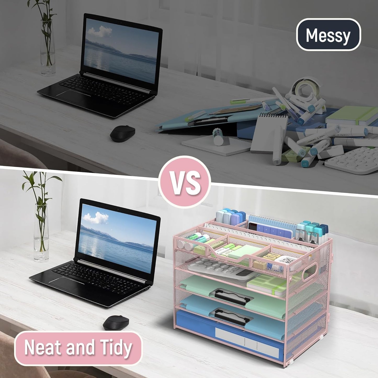 Docnest 5 Tier Letter Tray with Hanging File Organizer-Mesh Desk Organizer-Desktop Storage Box Built in Pen Holder and Handles, File Folder Holder for Mail Documents Office Supplies-Black