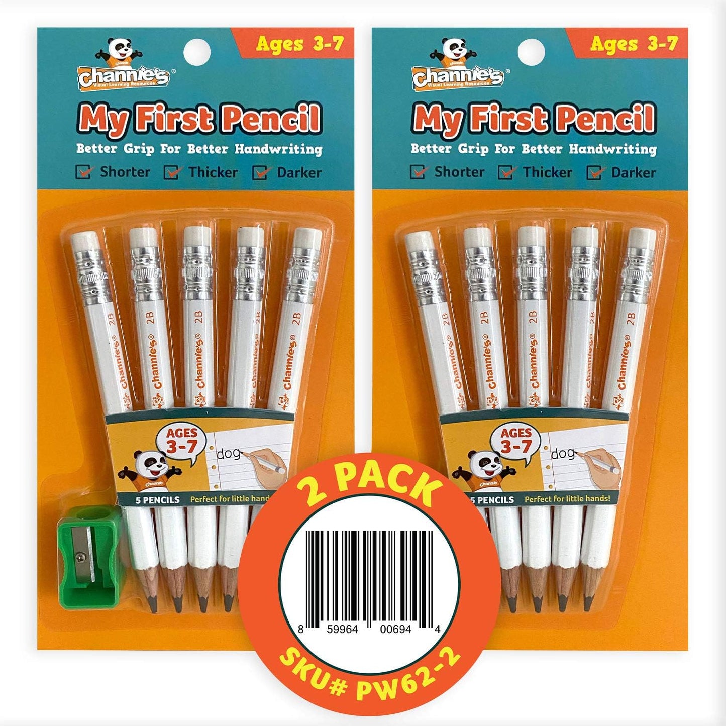 Channie's My First Pencil, Easy-to-Hold Jumbo Pencils for Preschoolers, Kindergarteners & 1st Graders, Brown Wooden 2B Fat Pencils for Kids Ages 3-7, 2 Pack (5 Each) + Sharpener