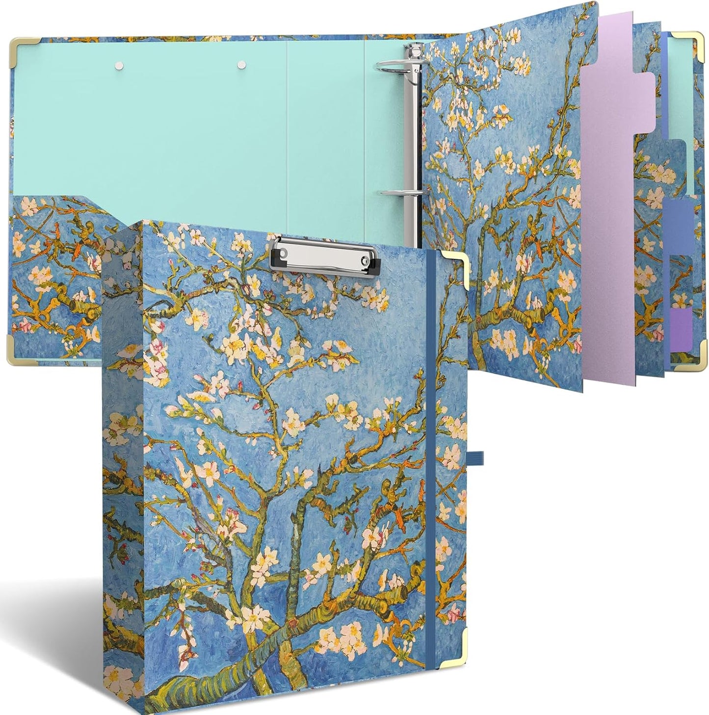 3 Ring Binder 2 Inch Round Ring Binder with 6 Tab Dividers，2 Interior Pockets，Cute Binder Clipboard with Storage, for School Office, Portfolio(Almond Tree)