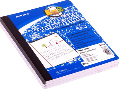 Mintra Primary Composition Notebook, 4 Pack, Assorted Colors 80 Sheets, 7.5in x 9.75in, 1/2 Sheet, Ruled with Drawing Area, Flexible Hardcover Journal, Grades K-2, School & Home Use