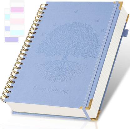 Spiral Notebook, College Ruled Notebook, 8" x 10", 300 Pages Leather Journals for Writing, B5 Hardcover Journaling Notebooks for Work School, 24pcs Tabs, Large Embossed Journal for Women Men, Black