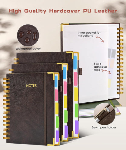 Hardcover Spiral Notebook Journal with Removable Dividers Tabs, 300 Pages Leather 5 Subject Notebook College Ruled, 8"x10" Large B5 Notebooks for Work School Note taking, Lined Journal for Women, Pink