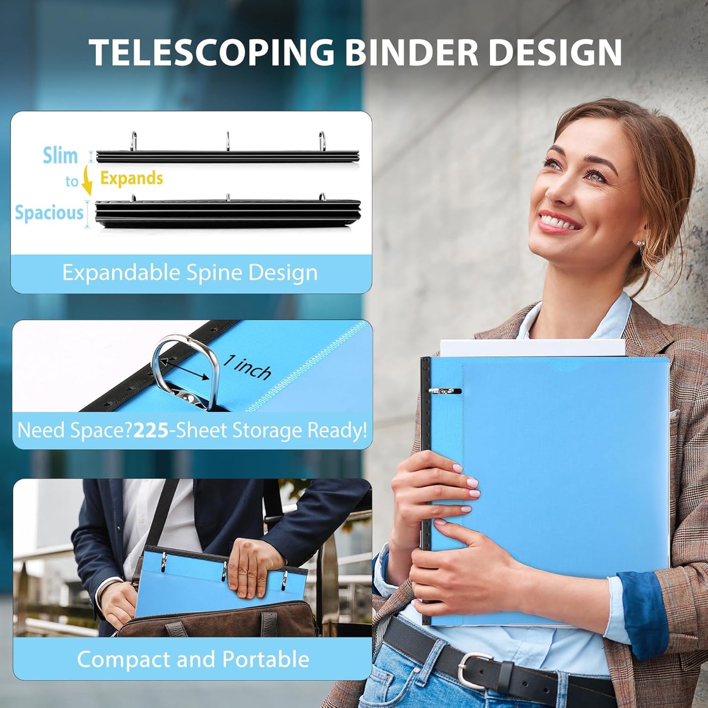 WOT I 1 Inch Telescoping 3 Ring Binder 4 Pack, Expandable Flexible Binder with Customizable Front Cover & Clear Catalog Pocket, Holds 225 Sheets, School Office Supplies, White