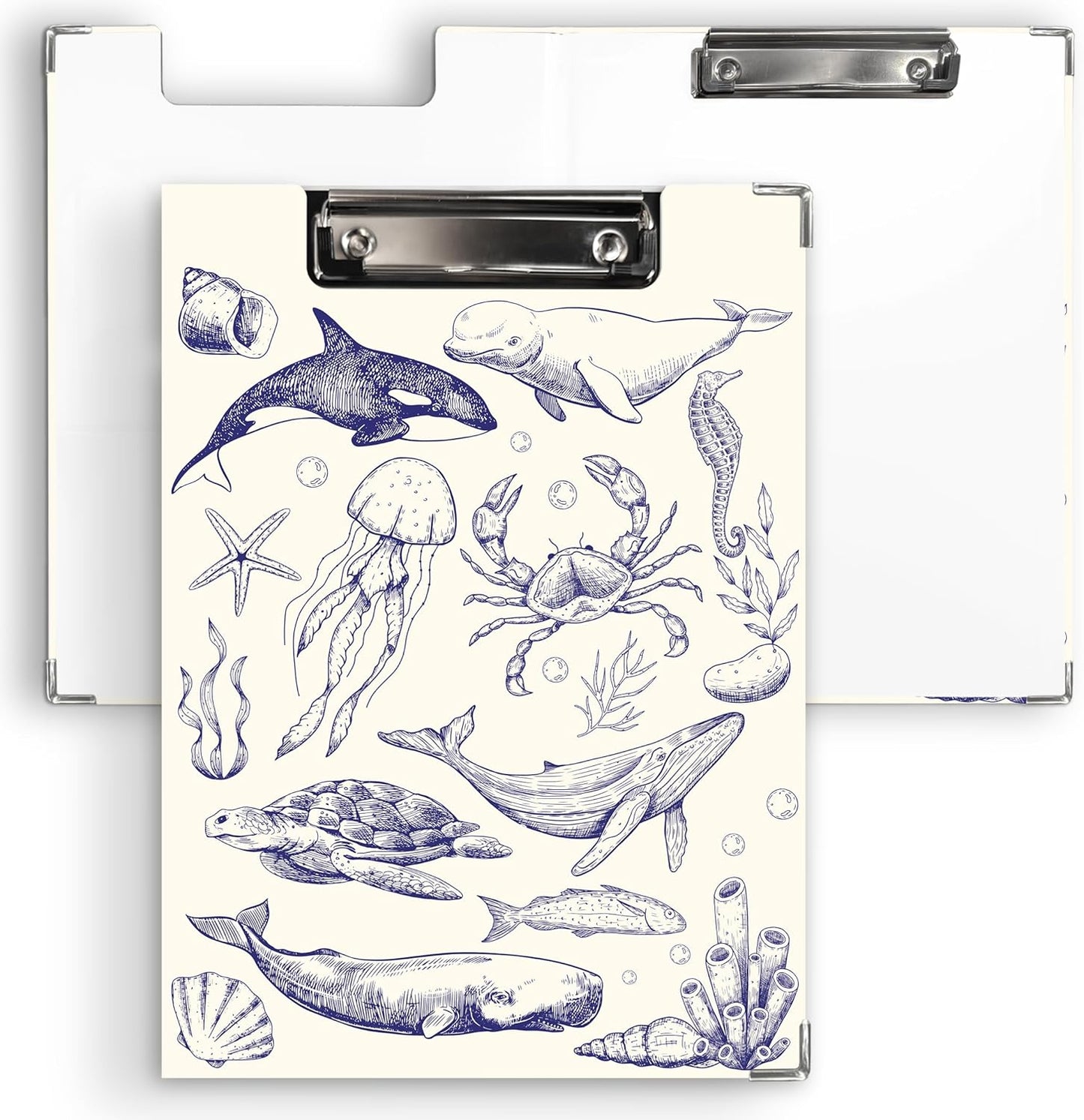 Ku-dayi Coastal Ocean Beach Clipboard Padfolio with Storage Pocket, Blue and White Sea Animals Jellyfish Whale Shark Sea Turtle Crab Low Profile Clip Boards for Nurse Office Classroom, 12.4 x 9.25 in