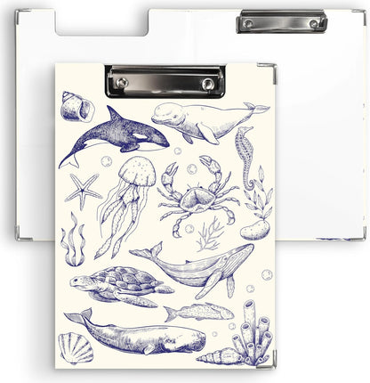 Ku-dayi Coastal Ocean Beach Clipboard Padfolio with Storage Pocket, Blue and White Sea Animals Jellyfish Whale Shark Sea Turtle Crab Low Profile Clip Boards for Nurse Office Classroom, 12.4 x 9.25 in