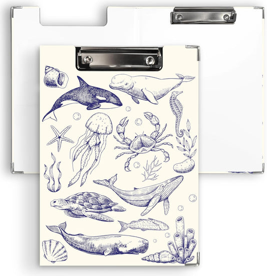 Ku-dayi Coastal Ocean Beach Clipboard Padfolio with Storage Pocket, Blue and White Sea Animals Jellyfish Whale Shark Sea Turtle Crab Low Profile Clip Boards for Nurse Office Classroom, 12.4 x 9.25 in