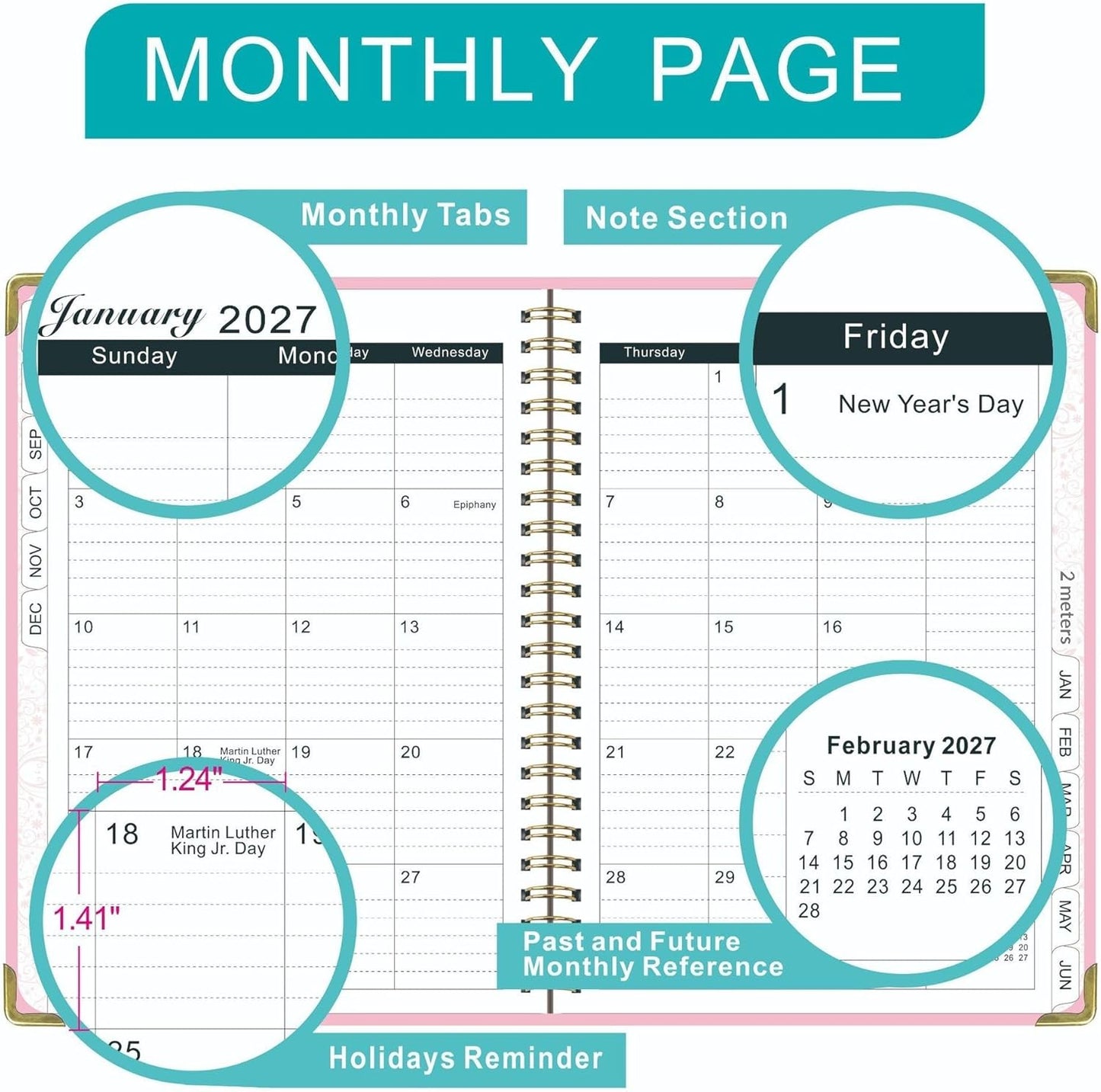 Weekly and Monthly Planner 2026-2027, Jul 2026-Jun 2027, A5 Spiral Notebook with Monthly Tabs, Holidays, Contacts, Black
