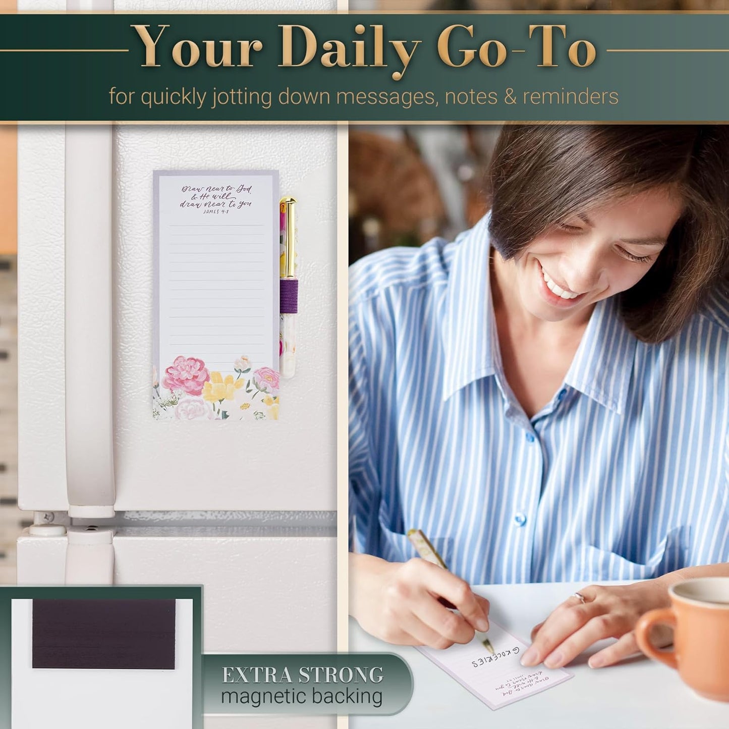 Christian Art Gifts Compact Magnetic Notepad & Medium Ballpoint Pen Set: Trust in the Lord Inspirational Scripture, Shopping Lists, Memos, Reminders, 70 Lined Easy Tear-off Sheets, Purple/Teal Floral