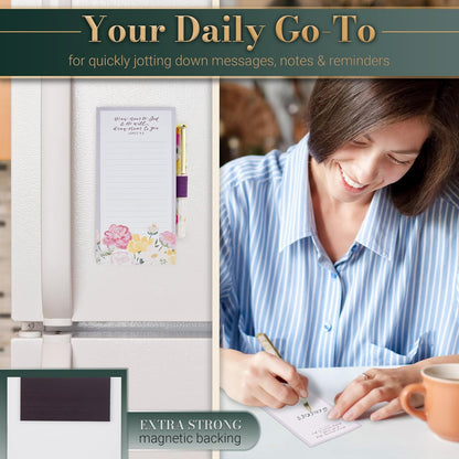 Christian Art Gifts Compact Magnetic Notepad & Medium Ballpoint Pen Set: Trust in the Lord Inspirational Scripture, Shopping Lists, Memos, Reminders, 70 Lined Easy Tear-off Sheets, Purple/Teal Floral