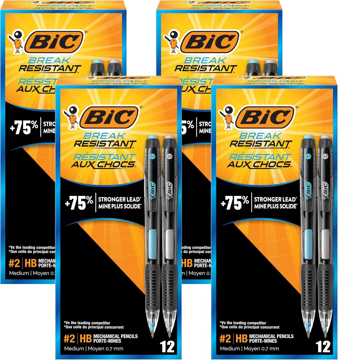 BIC Break Resistant Mechanical Pencils with Erasers, No. 2 Medium Point (0.7mm), 4-Count Pack Pencils for School or Office Supplies, Lead and Eraser Refills