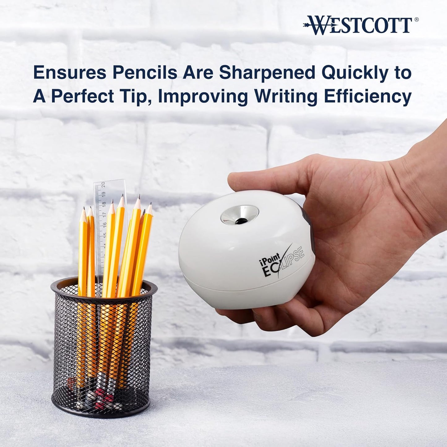 Westcott iPoint Eclipse Battery Pencil Sharpener, Unique Two-Blade Technology, EZ-View Reservoir, Requires 4 AA Batteries, White, for Home, Small Office, Classroom, Back to School, School Supplies