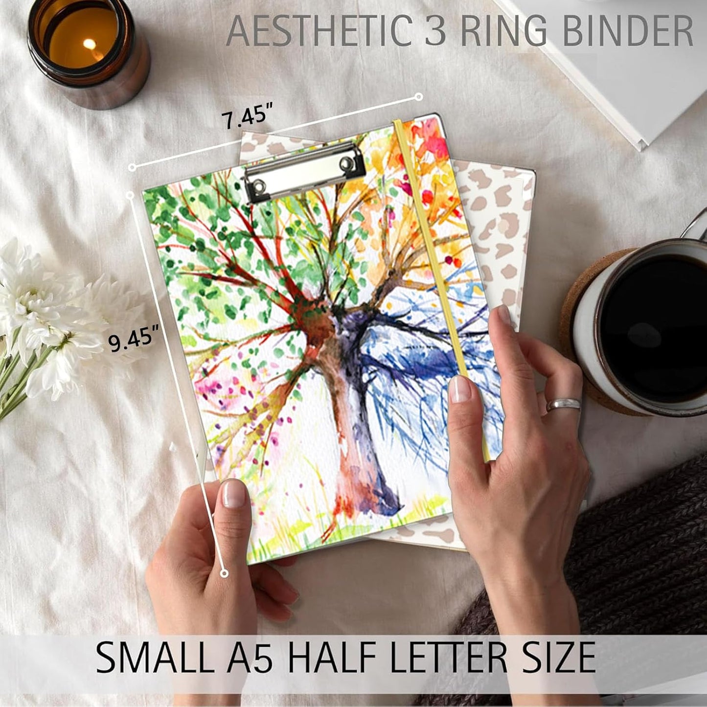 3 Ring Binder 1 Inch, Three Ring Binders Organizer with Clipboard, 5-Tabs Pockets Dividers, Plastic Folder, 18 Divider Stikers, BVSSX Pretty Binder with Pen Loop (Black Weeds, Letter Size)