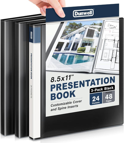 Dunwell Presentation Binder 24-Pocket, Displays 48 Pages, 8.5x11 Portfolio Binder with Plastic Sleeves, Storage and Organizer for Documents, Certificates, Projects, Photos (3 Pack, Black)