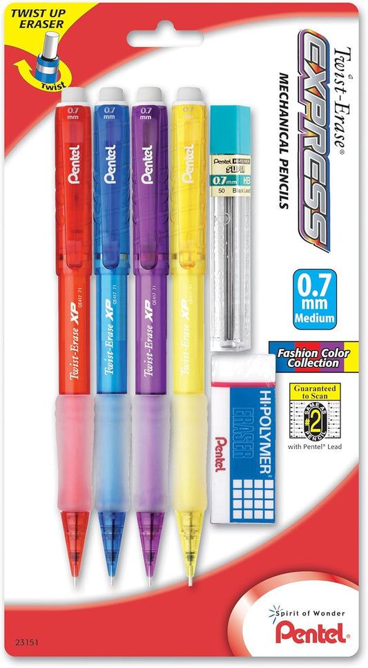 Pentel Twist-Erase Express Mechanical Pencil, (0.7mm), Medium Line, Assorted Fashion Colors, Pack of 5 (QE417FBP5M)